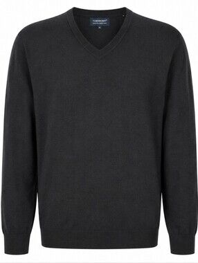 TURNBERRY | Men's Extra Fine Merino Wool Black V-Neck Minimalist Sweater‎ | XL